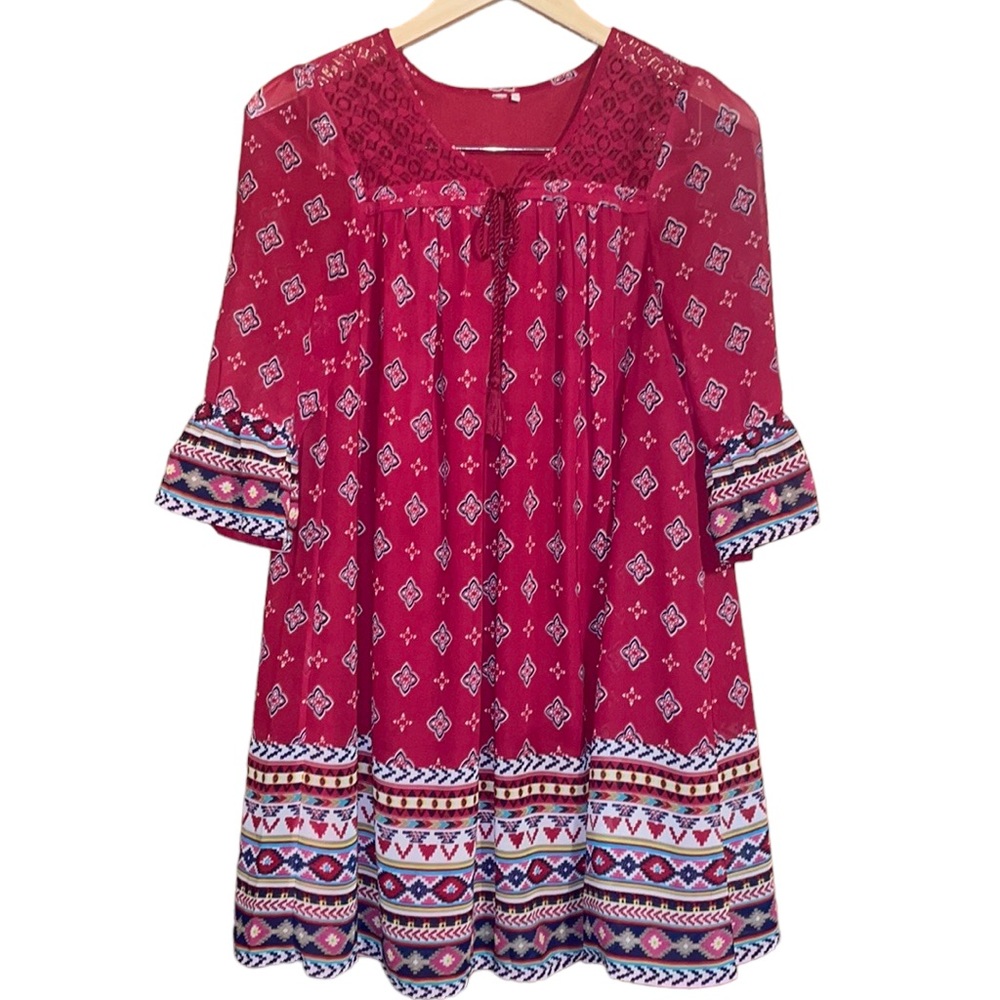 •RED CAMEL•RED LATTICE & KEYHOLE CHEST RIFFLE SLEEVE BOHO DRESS SIZE SMALL